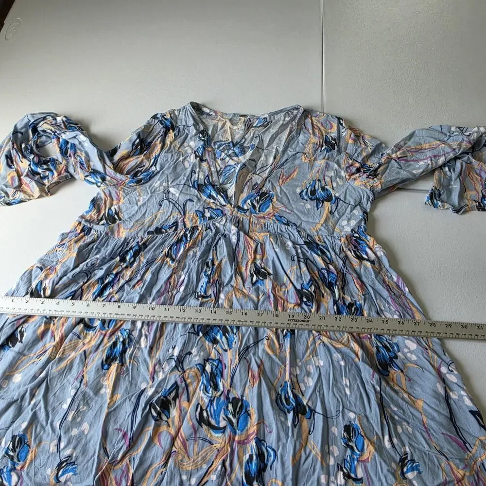 Free People Dress Womens M Blue Floral Boho Mini Swing Trapeze V Neck Fairy